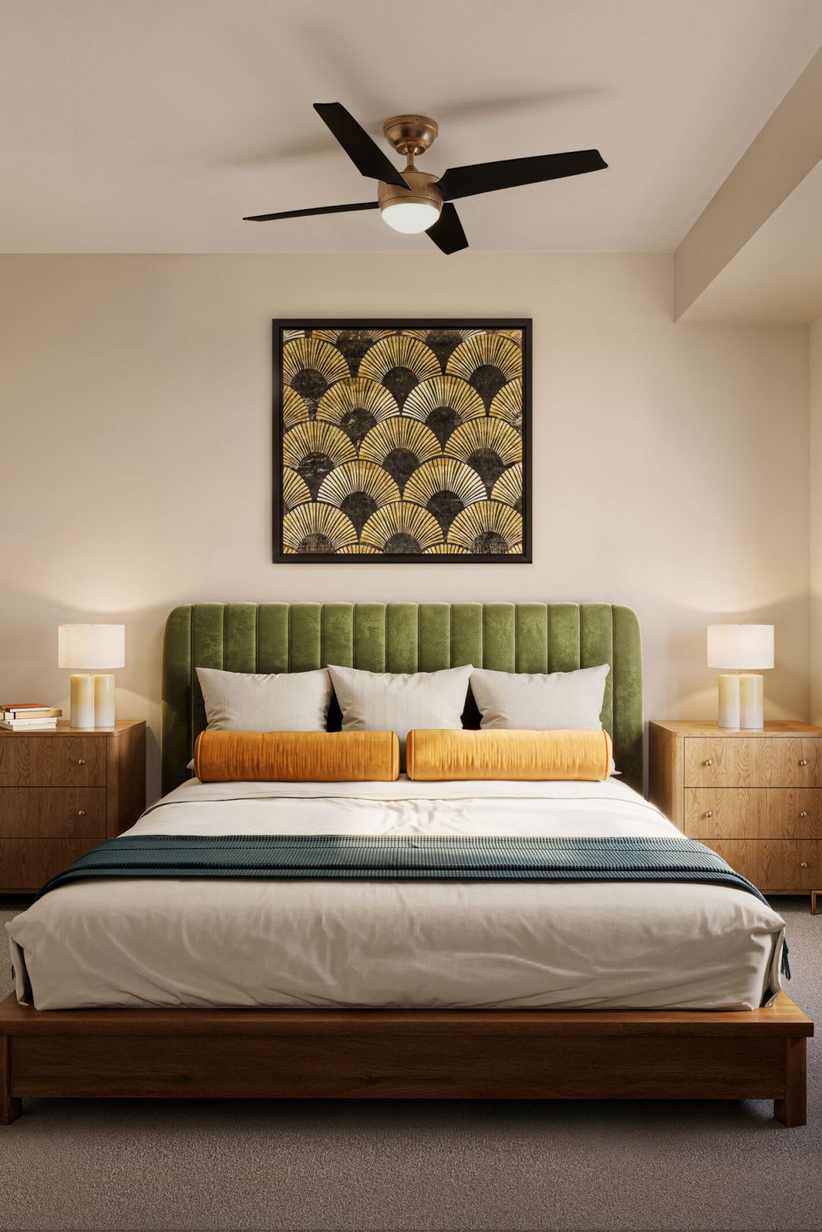Modern bedroom with a green headboard, wooden furniture, lamps, and a large window letting in natural light at Harlow apartments.