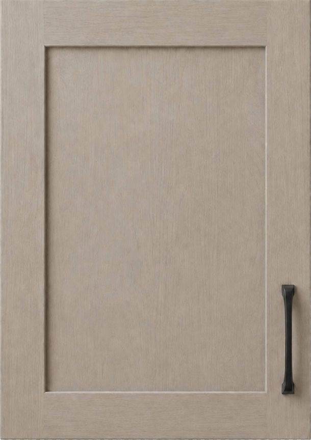Light wood cabinet door with a simple rectangular frame and a black handle on the right side.